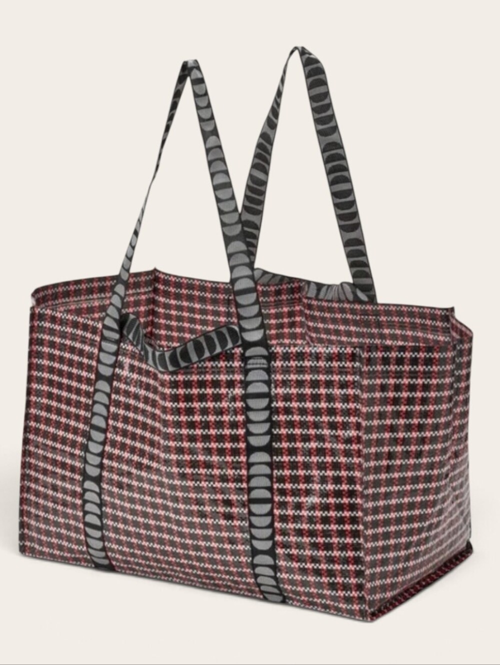 Red & Black Checked Tote Bag with Gray Straps